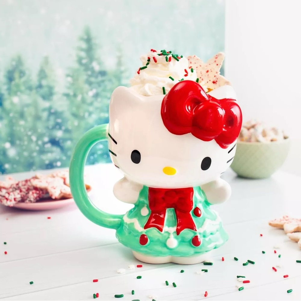New Hello Kitty Christmas Tree Dress 3D Sculpted Large Ceramic Mug 6” Green
